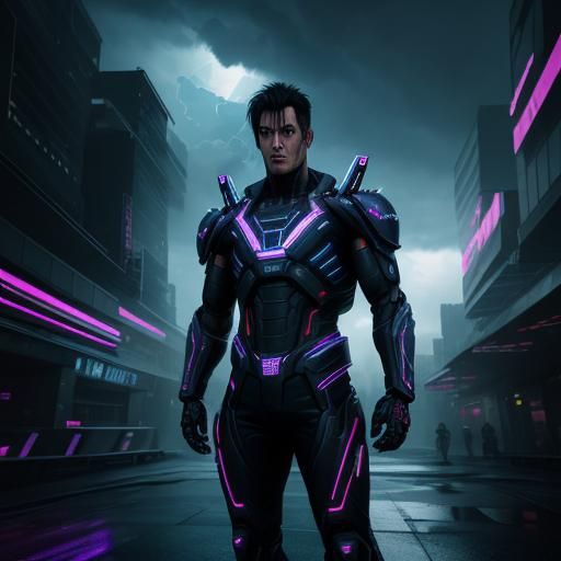 Cyberpunk Jin Kazama in Stormy Cityscape