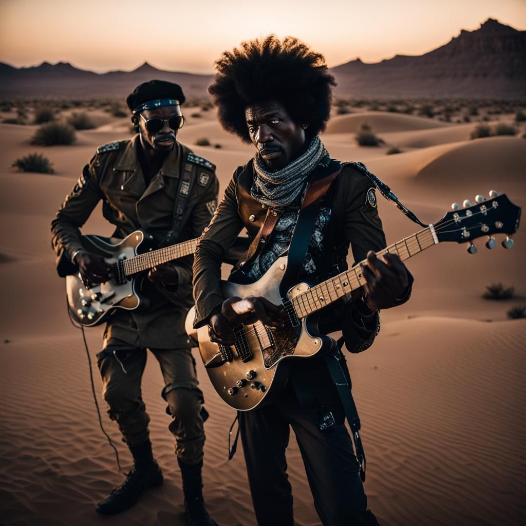 Rockstar Plays Guitar in Desert Night Portrait