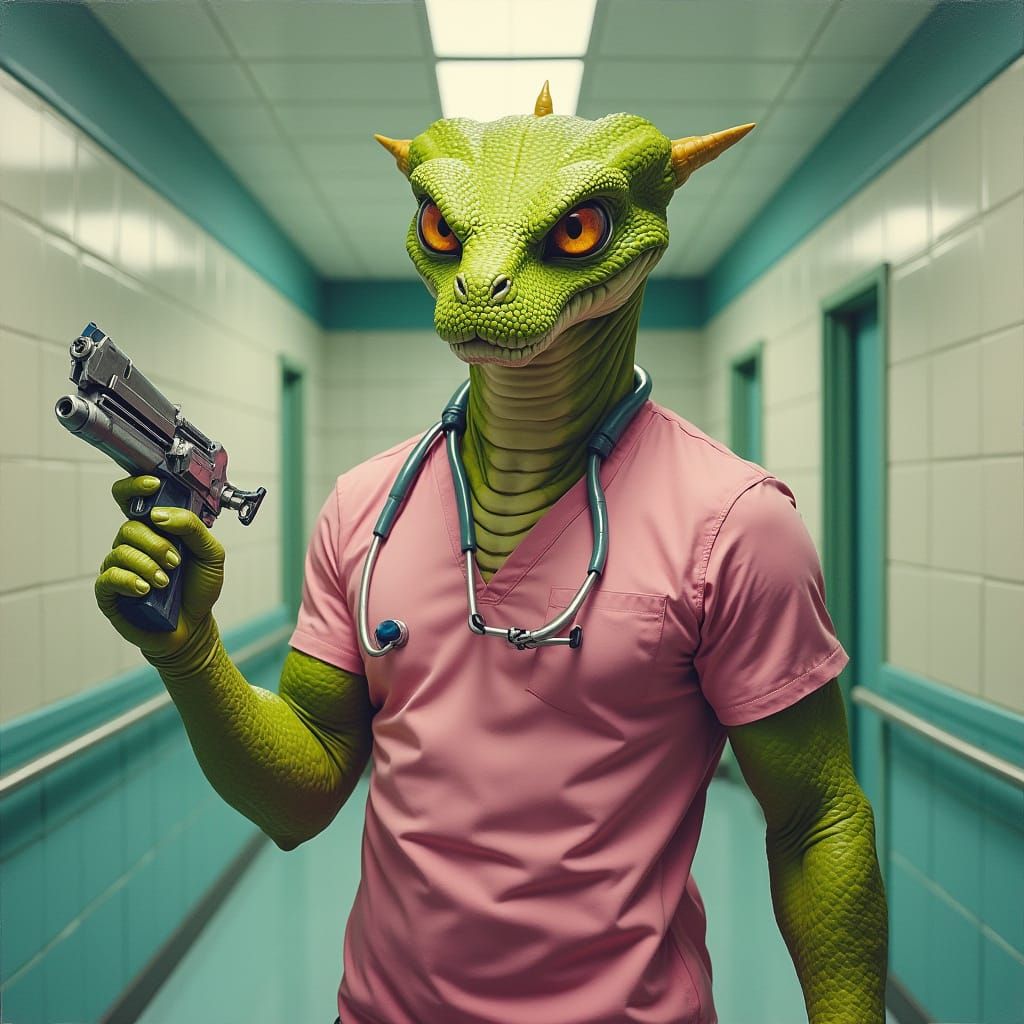 Warrior Alien Doctor in Synthwave Hospital