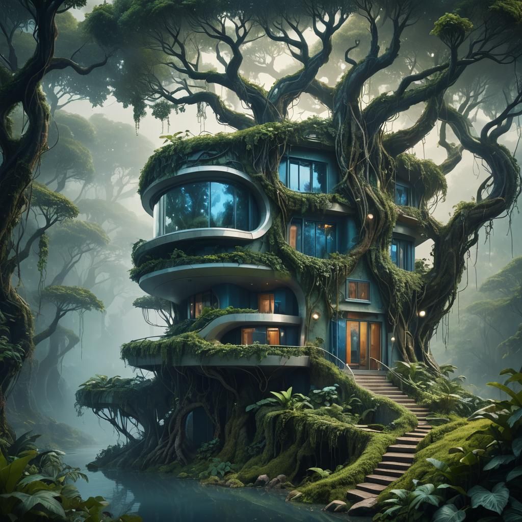 Futuristic Eco House in Misty Forest
