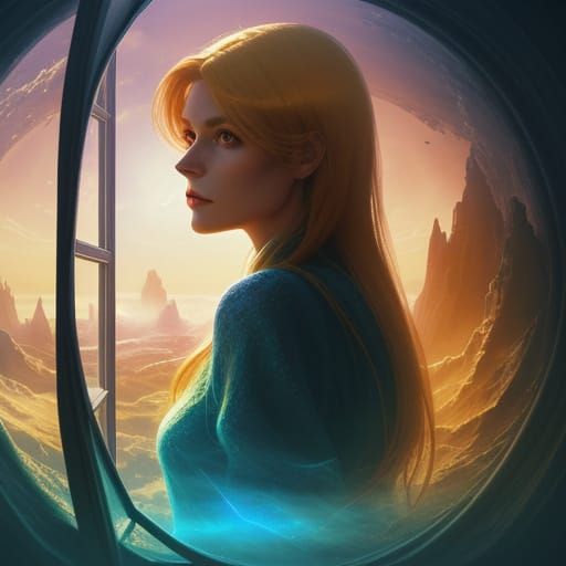 Woman Gazing Through Portal into Next World