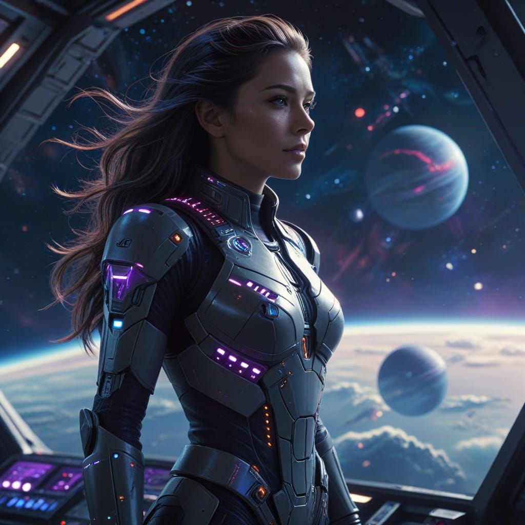 Ethereal Space Admiral on a Cosmic Vessel in Deep Blues and ...