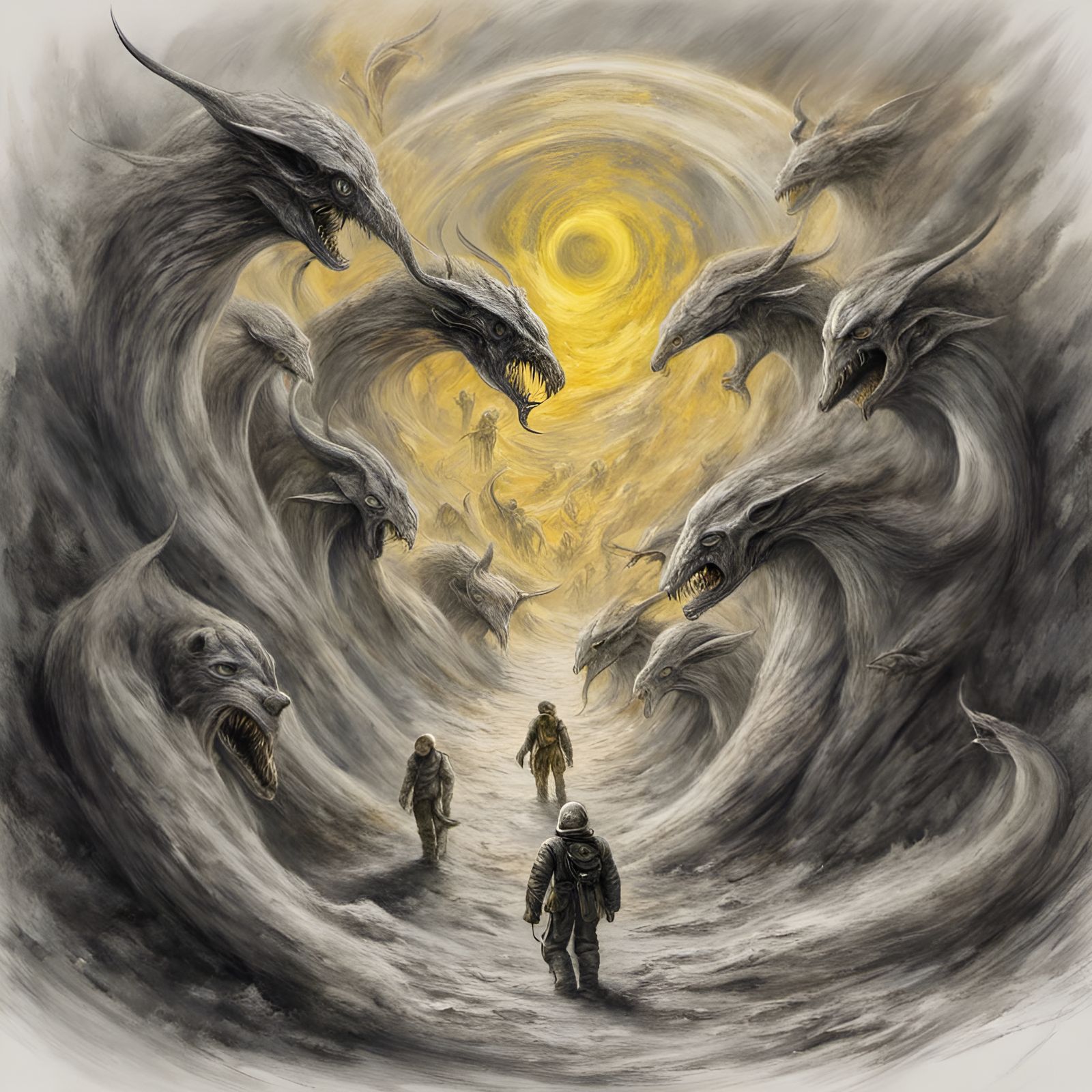 Apocalyptic Space Dune Scene with Heroes in Charcoal