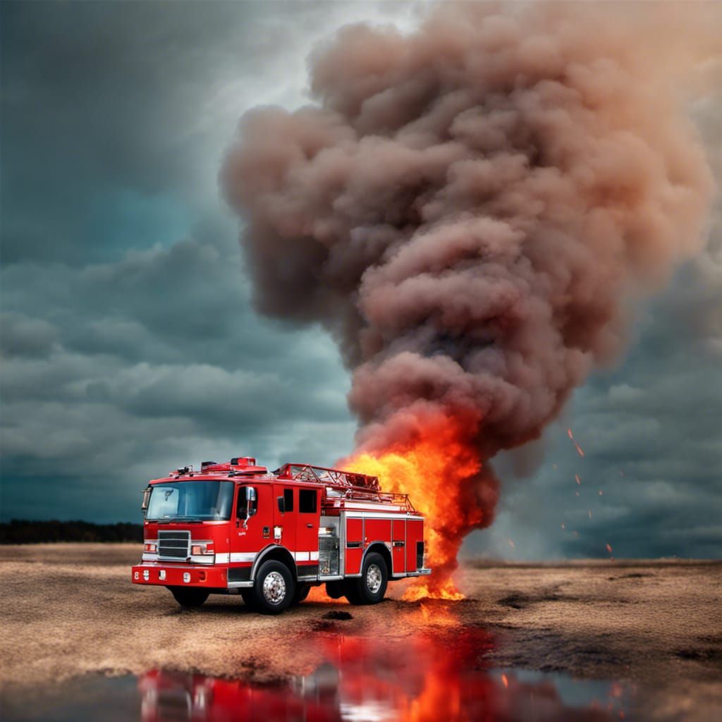 Dramatic Fire Truck in Burning Landscape