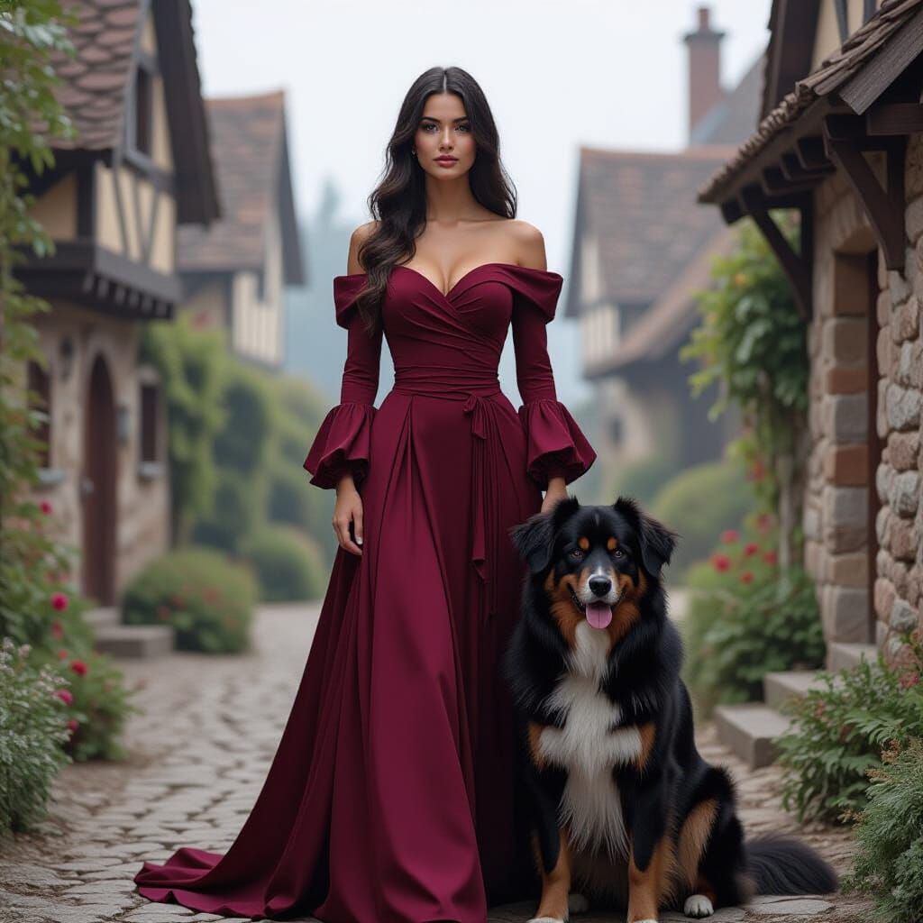 Woman and Legendary Dog in Medieval Village