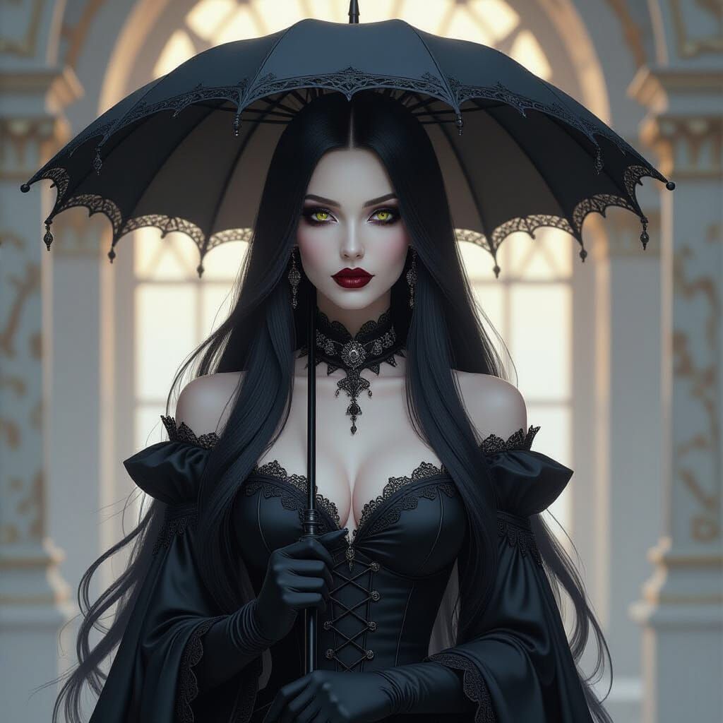 Gothic Woman with Black Parasol in Dark Fantasy Style