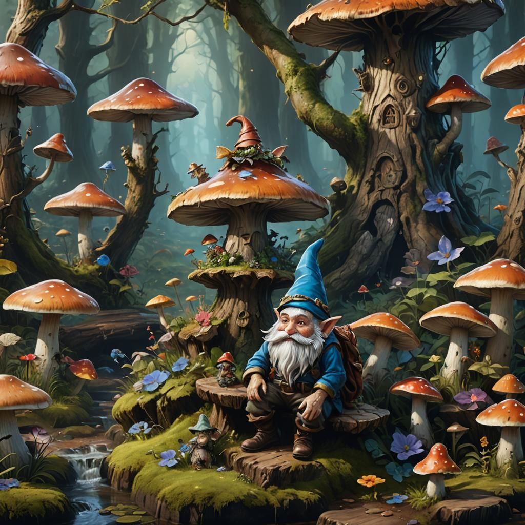 Gnome, Fairy, and Spirit on Mushroom: Detailed Fantasy Art