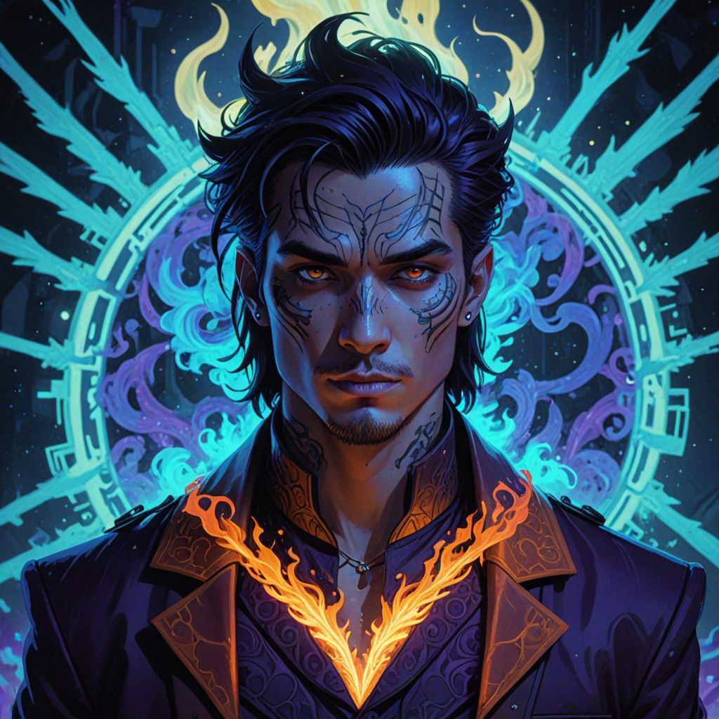 Cyberpunk Portrait of a Young Half-Dragon Man in a Smoky Roo...