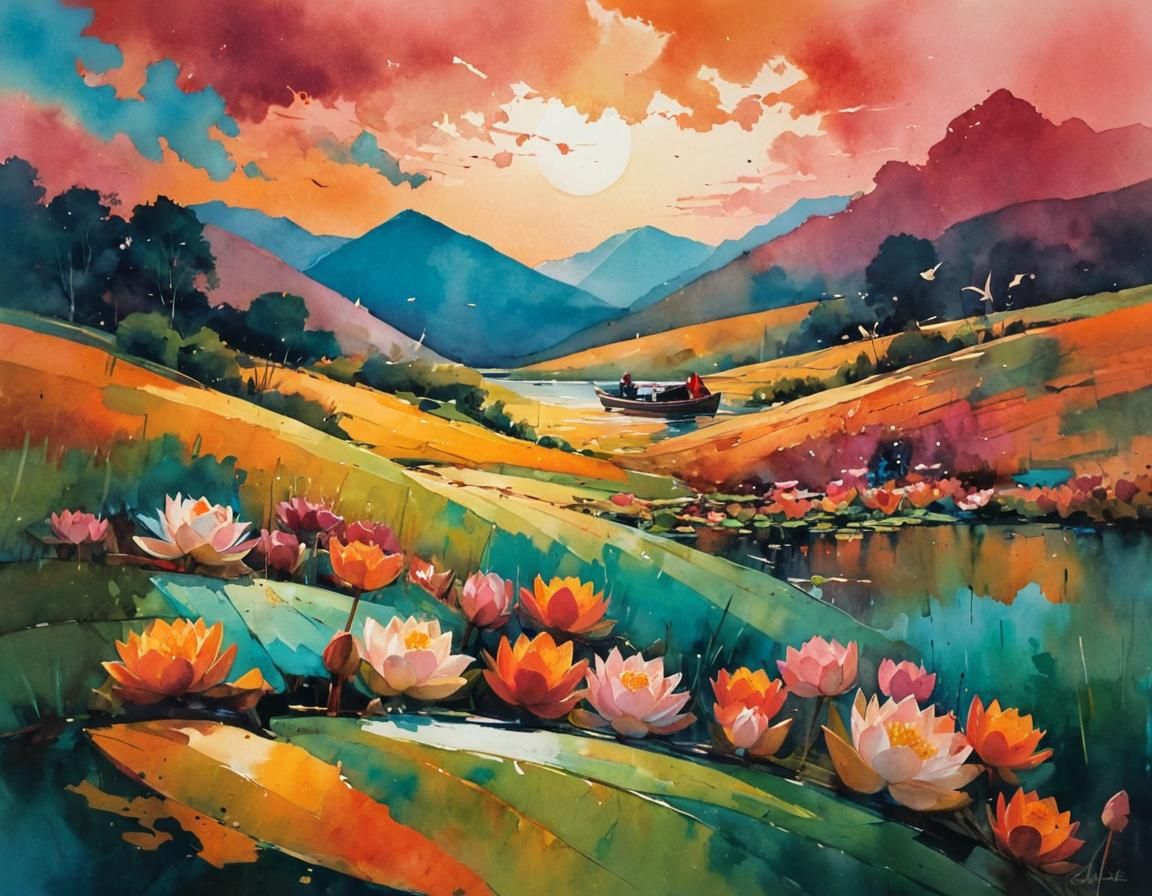 Serene Sunset Lake with Water Lilies in Watercolor Style