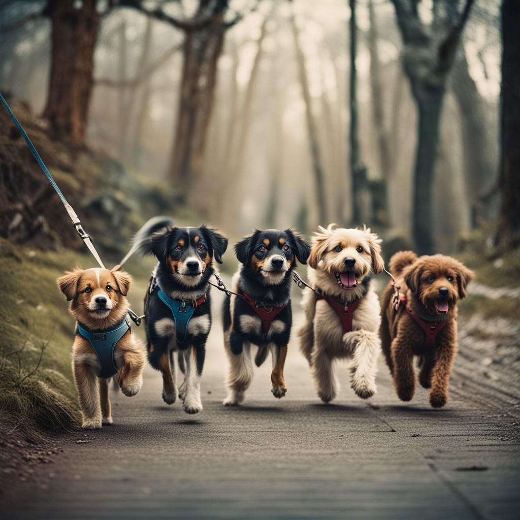 5 cute dogs on leashes going for a walk
