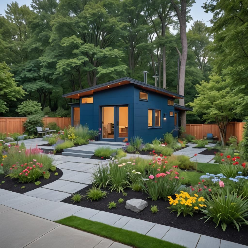 Modernist ADU with Blue Siding and Red Door