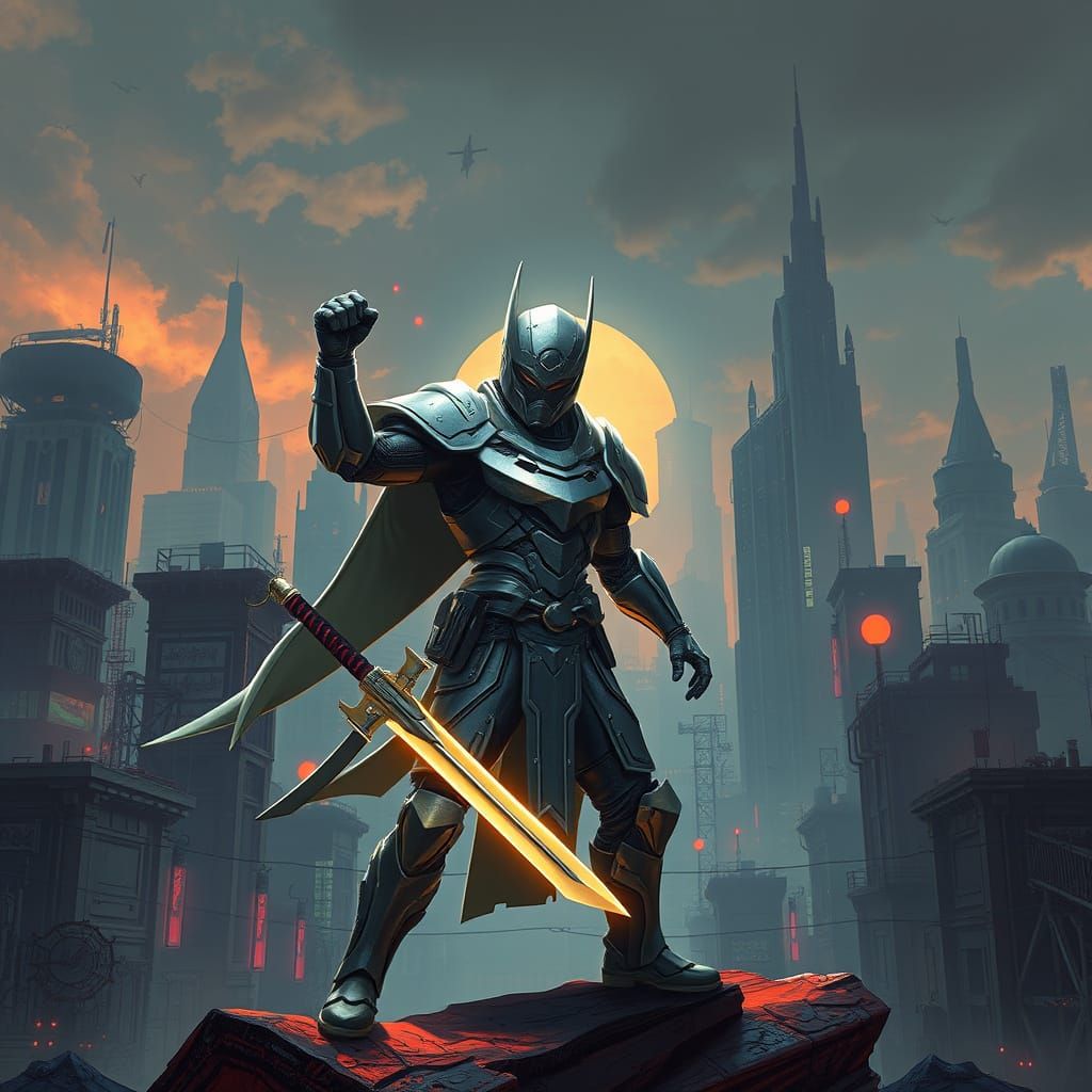 Futuristic Warrior in Dystopian Cityscape