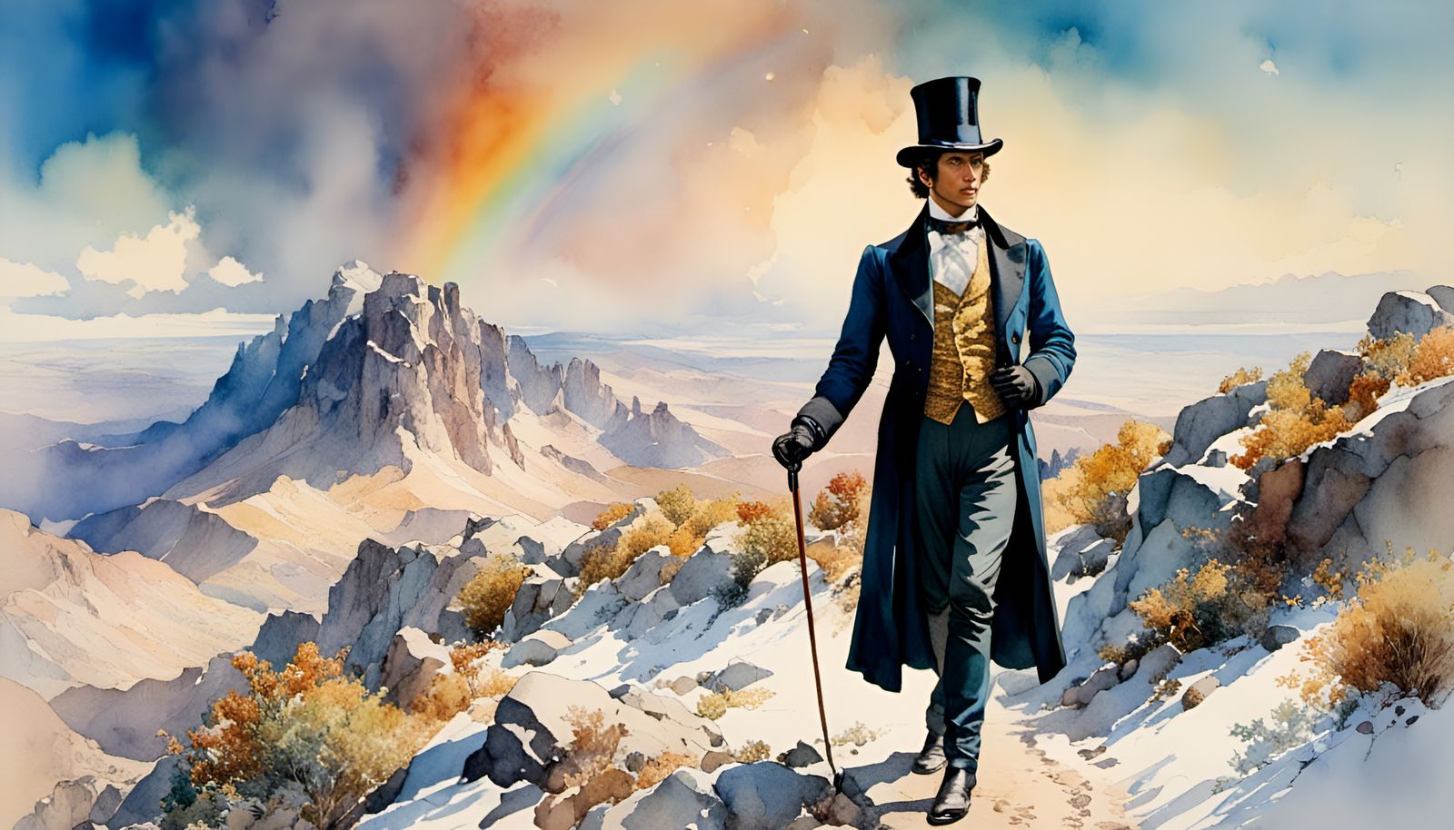 Pushkin Portrait on Mountain Path in Watercolor Style