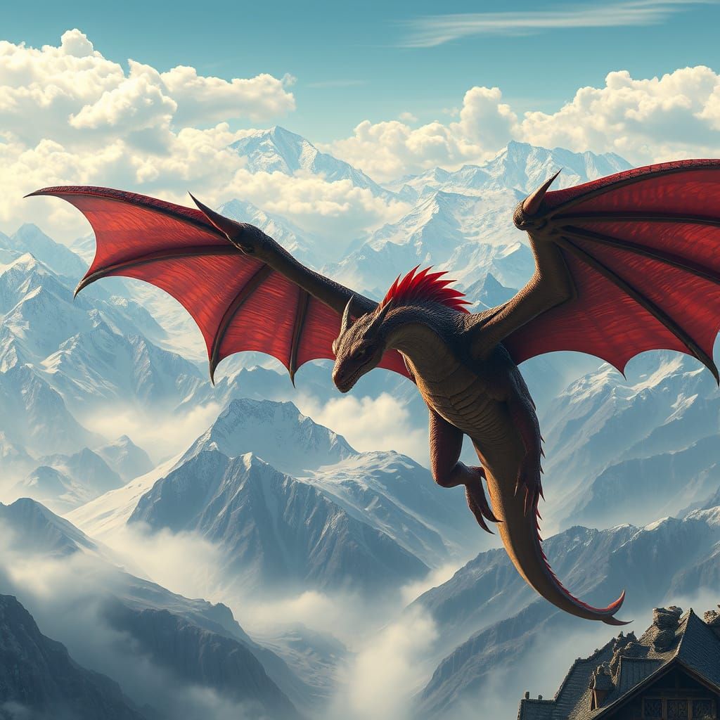 Dragon Soars Through Majestic Mountain Range in Vibrant, Rea...