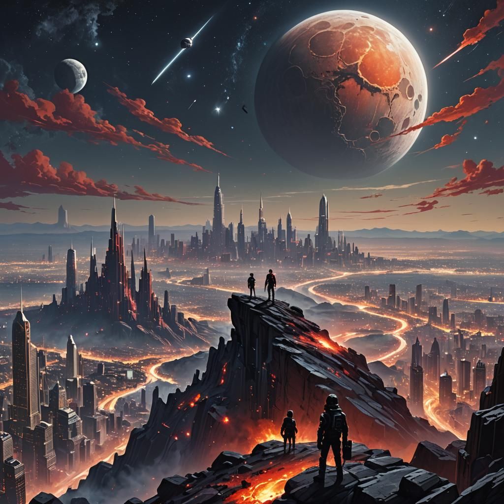 Cosmic Cityscape with Figures and Spaceship