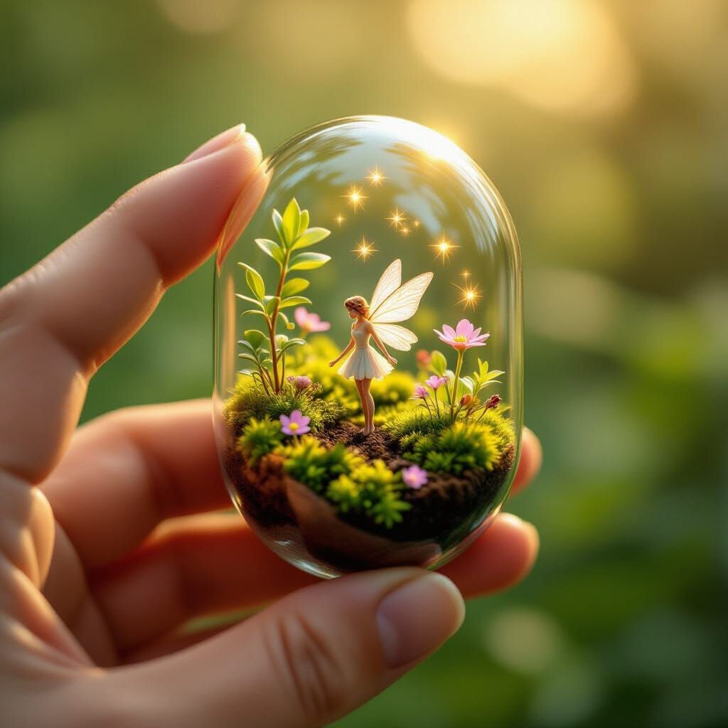 Glass Capsule Ecosystem with Bioluminescent Fairy