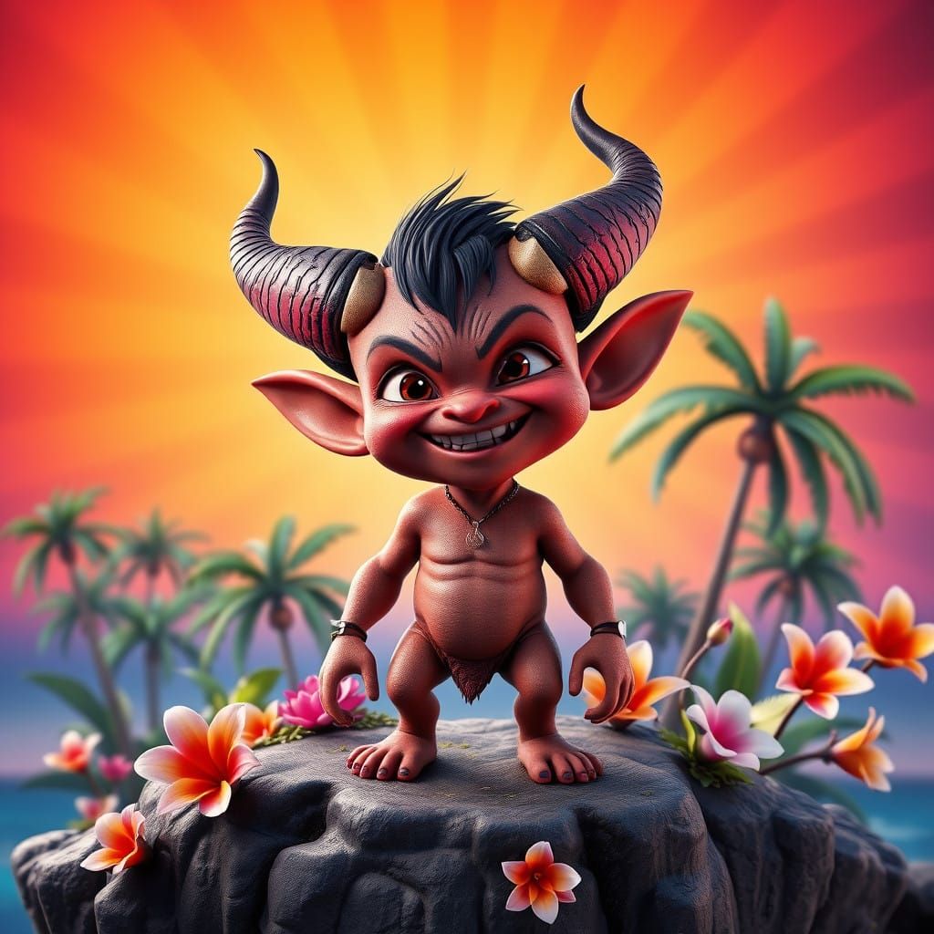 Mischief-Embracing Child Demon on Lush Island in Vibrant, Pi...