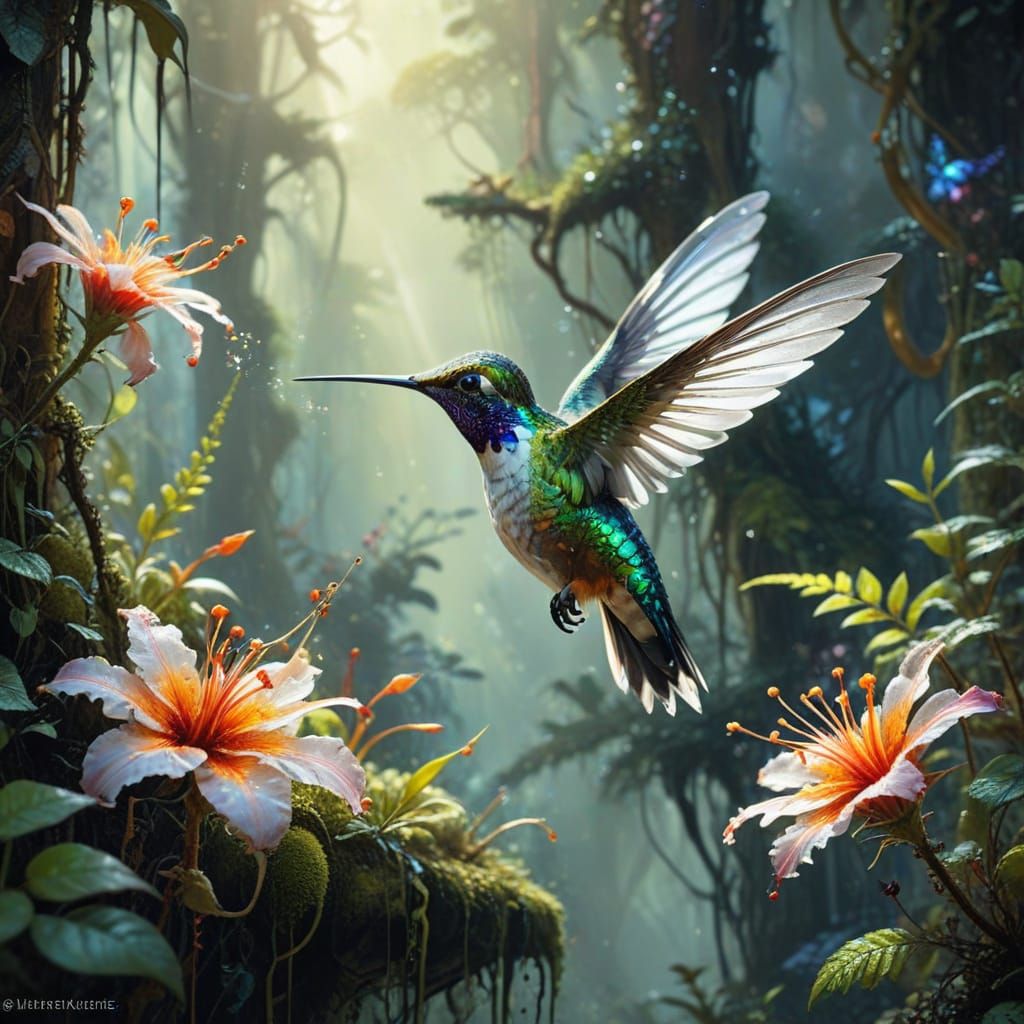 Hummingbird Sips Nectar in Sun-Dappled Watercolor Painting