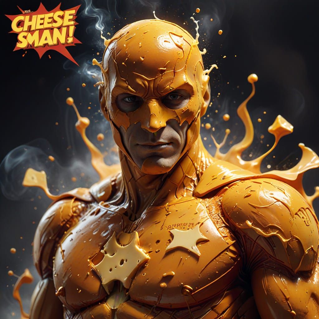 Super cheese man. In a super suit. With the inscription CHEESE on his chest. He has a cheese head. He stinks and poisons...
