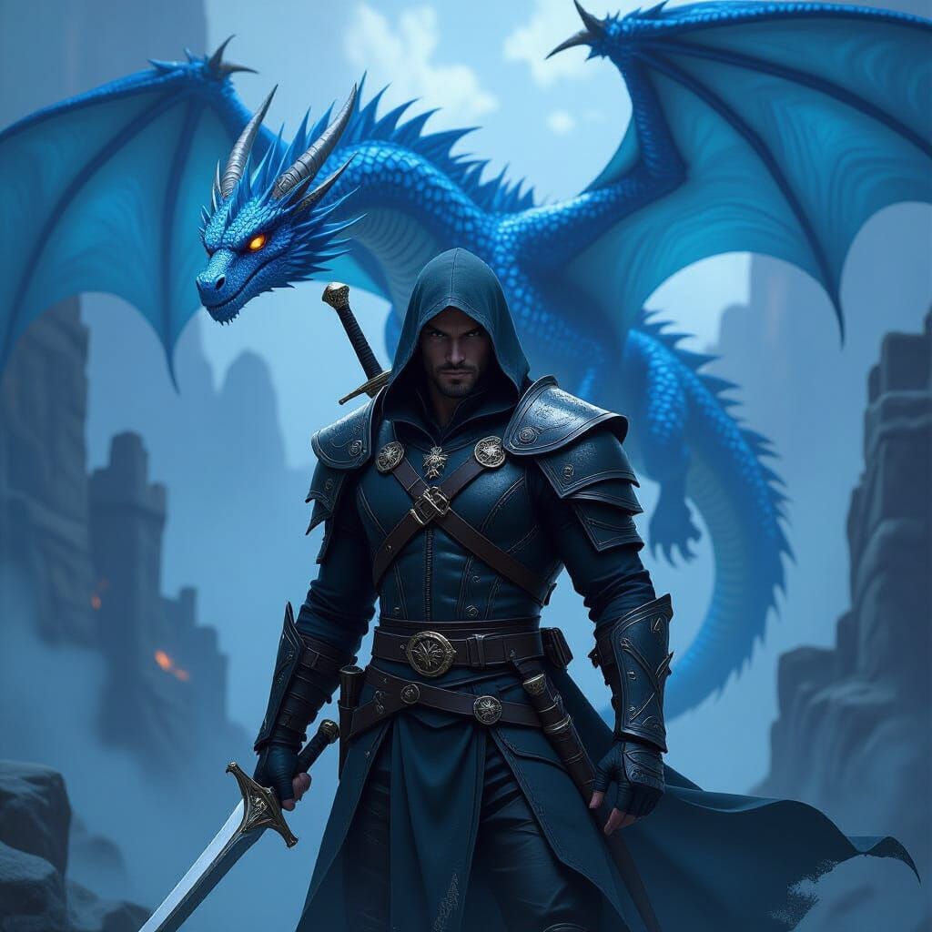 Male Rogue and Sapphire Dragon in Epic Fantasy Art