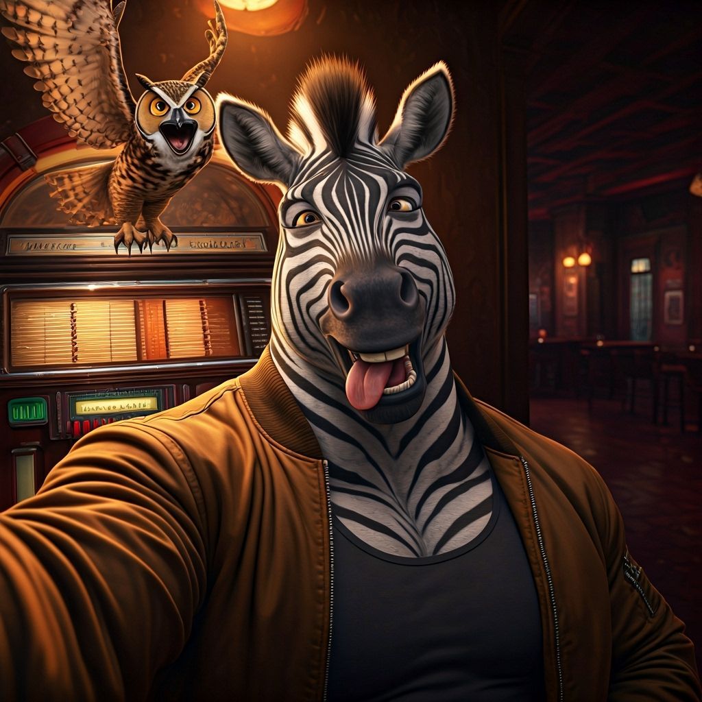 Anthropomorphic Zebra's Jukebox Selfie in Dive Bar
