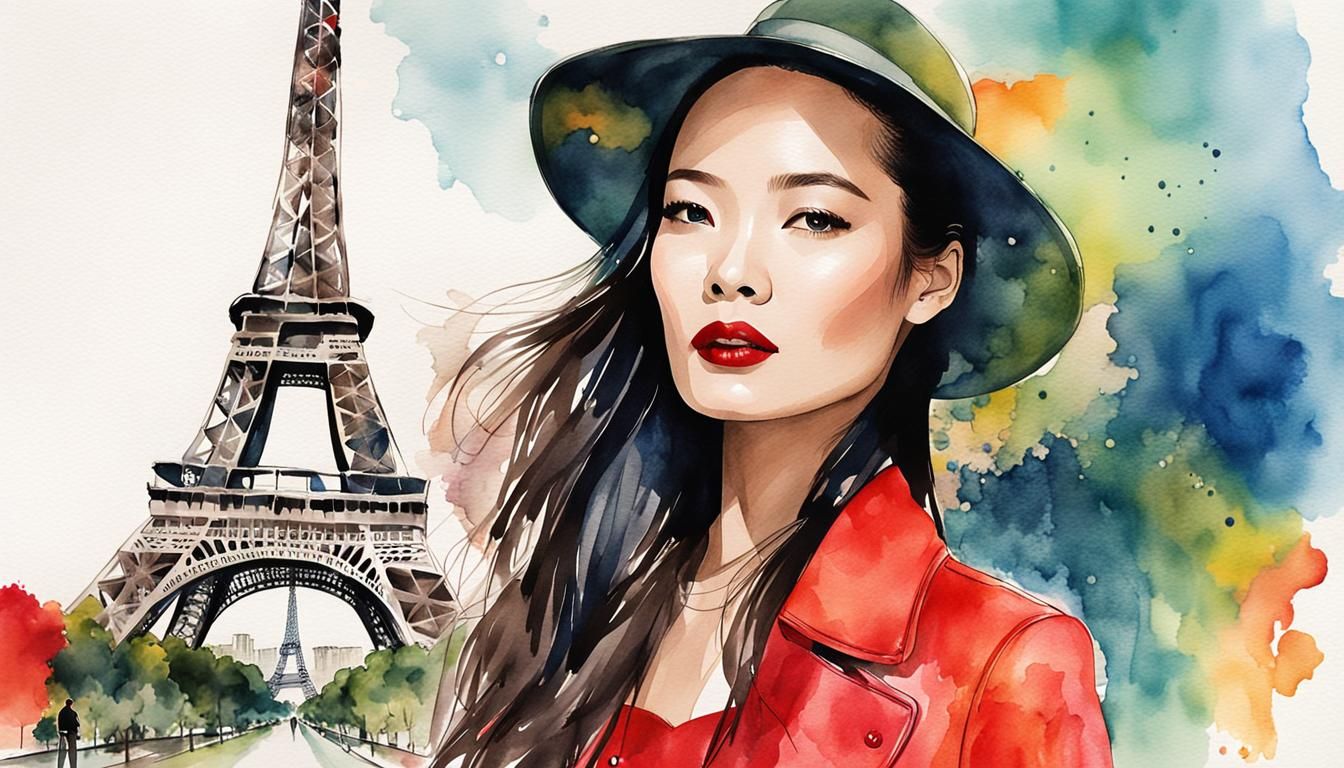Shu Qi at Eiffel Tower in Watercolor Sketch