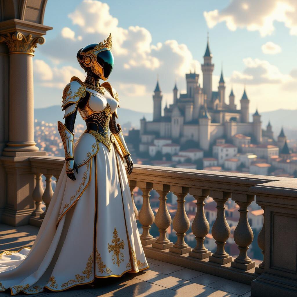 Robot Princess Overlooking Medieval City in Matte Style