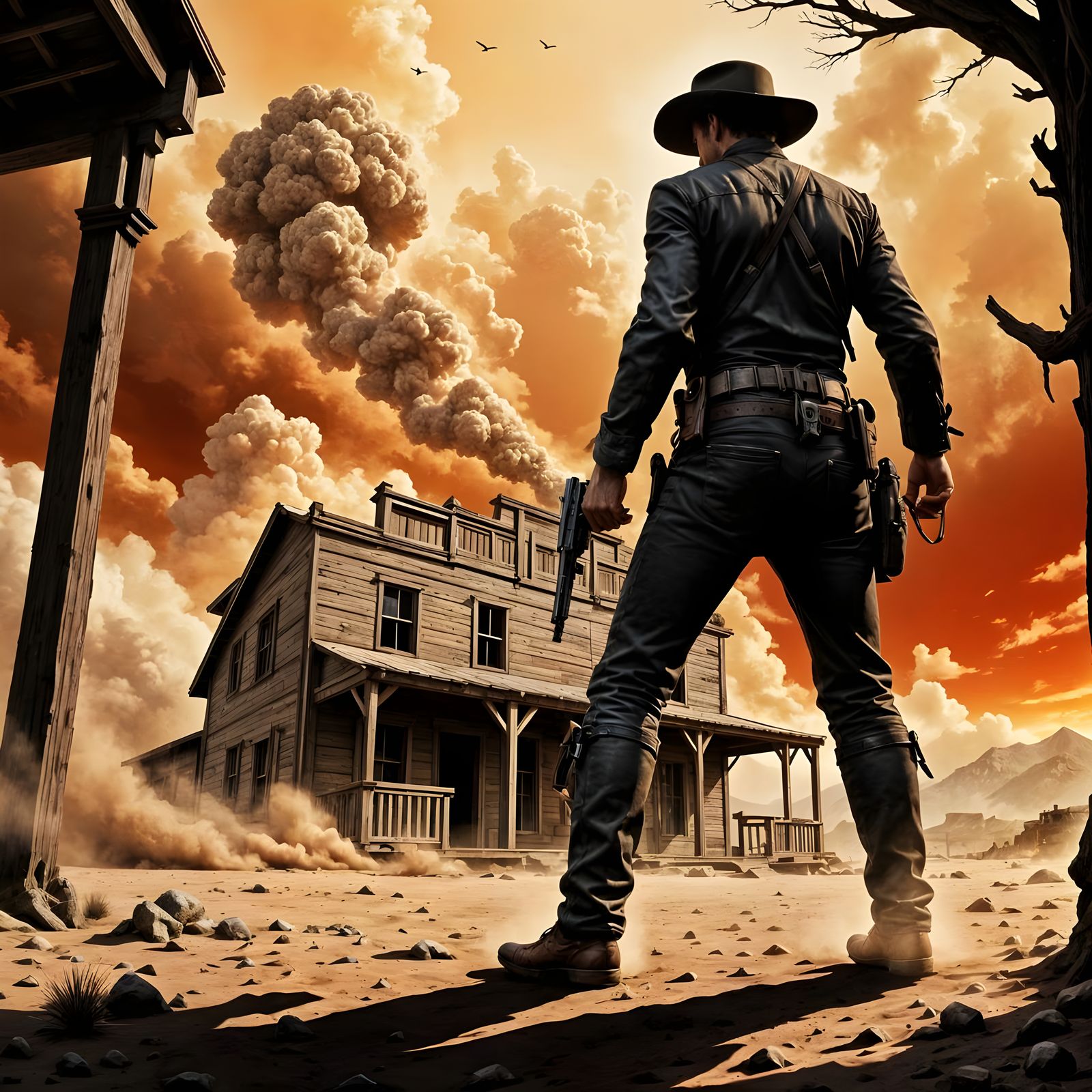 Lone Gunslinger in Approaching Sandstorm
