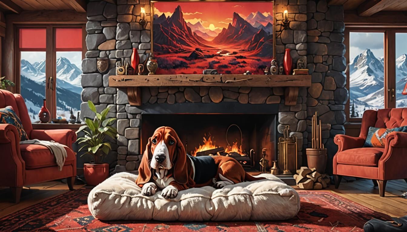 Basset Hound Puppy in Cyberpunk Living Room