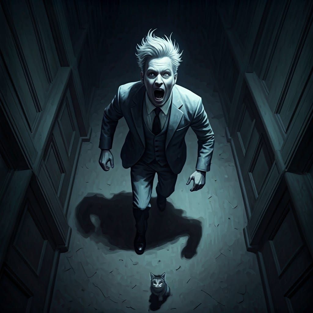 Man Chased by Kitten in Sinister Watercolor