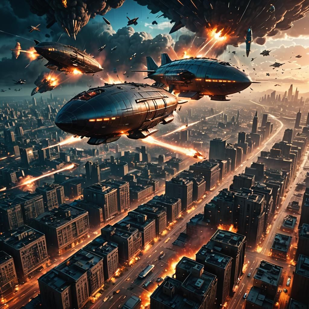 Airships Clash Above a Neon City