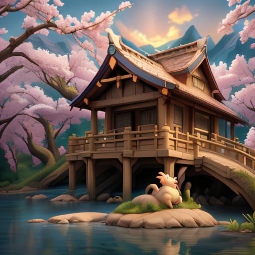 Sakura Tree by Lake: Surrealist Oil Painting