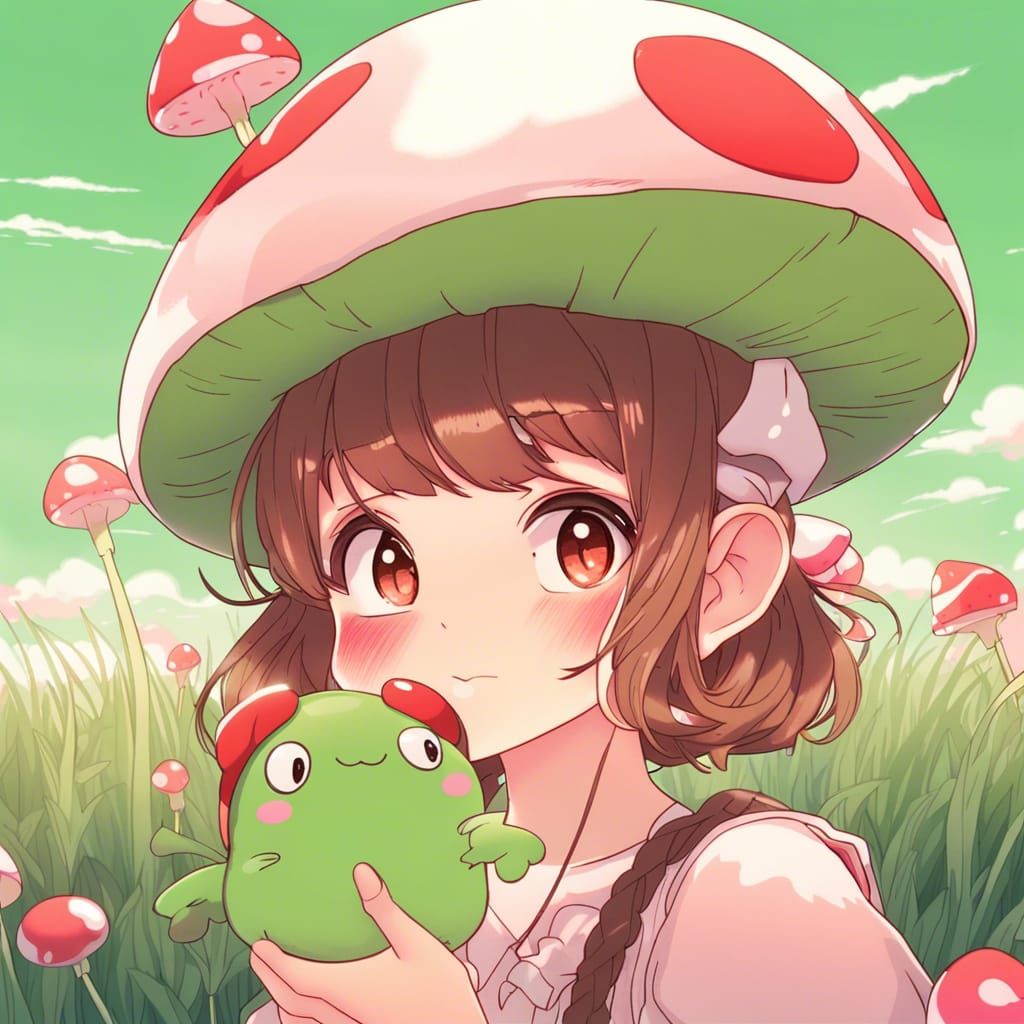Mushroom Girl with Frog in Anime Style