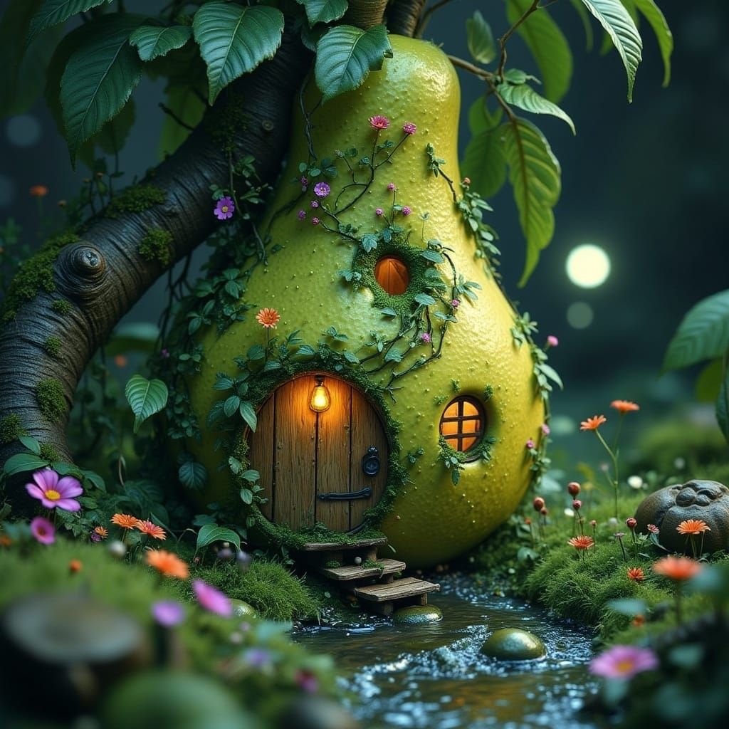 Whimsical Cottage Amidst a Pear-Shaped Tree in Fantasy Land