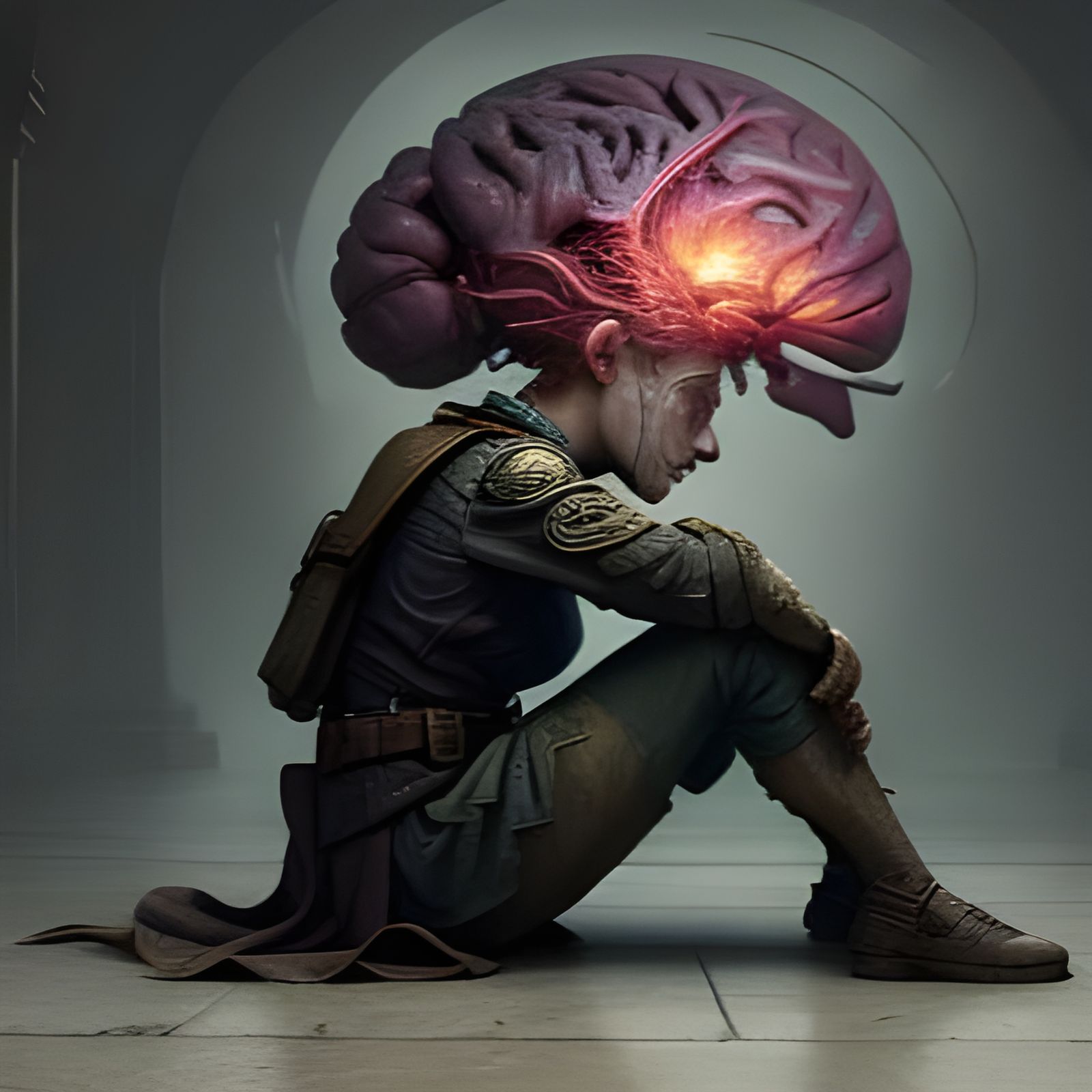 Brain Art: Woman Sneaking Up on Cartoon Brain