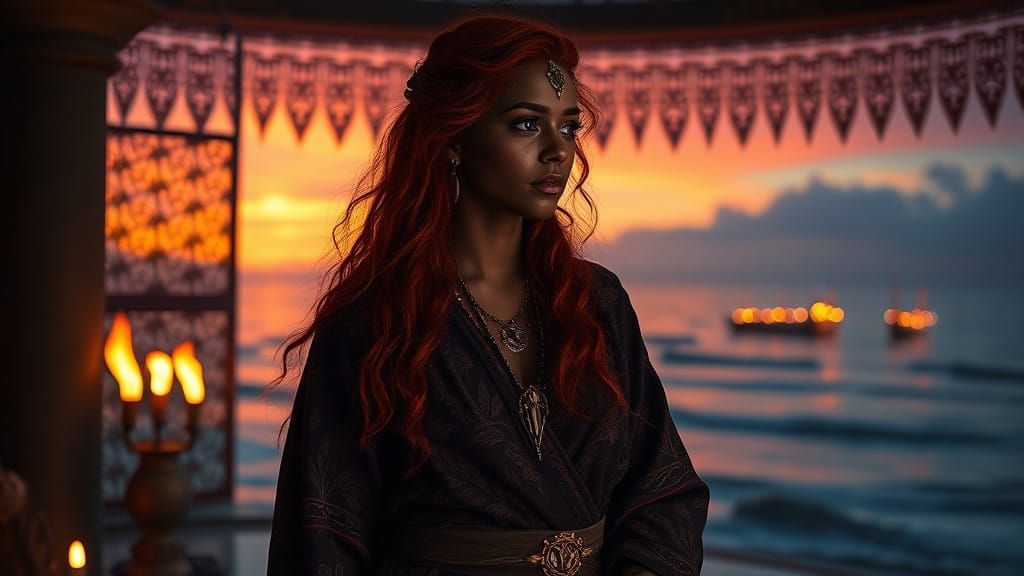 Viking-Egyptian Goddess Stares Out at the Dusk-Lit Horizon