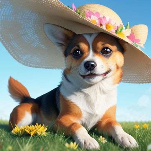 Smiling Dog in Sun Hat: Whimsical Digital Art