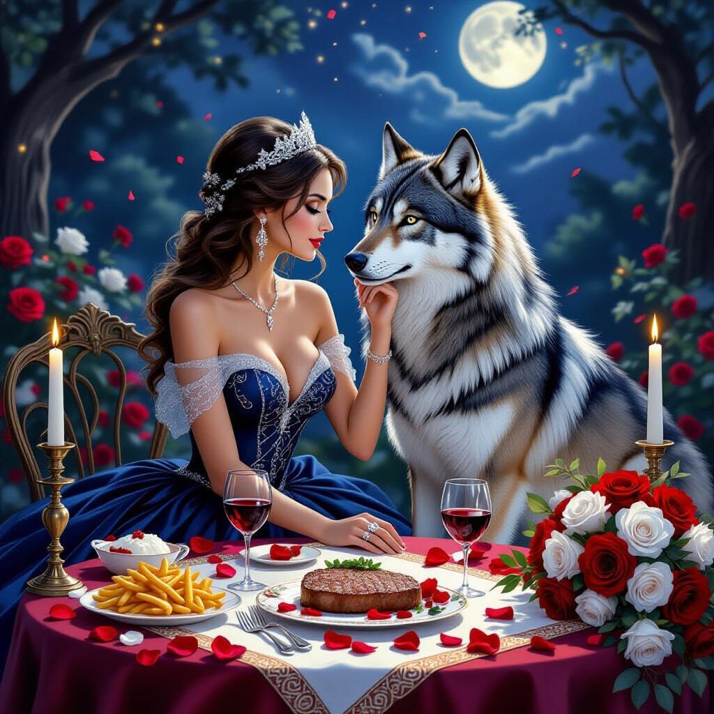 Romantic Oil Painting of Woman and Wolf with Roses