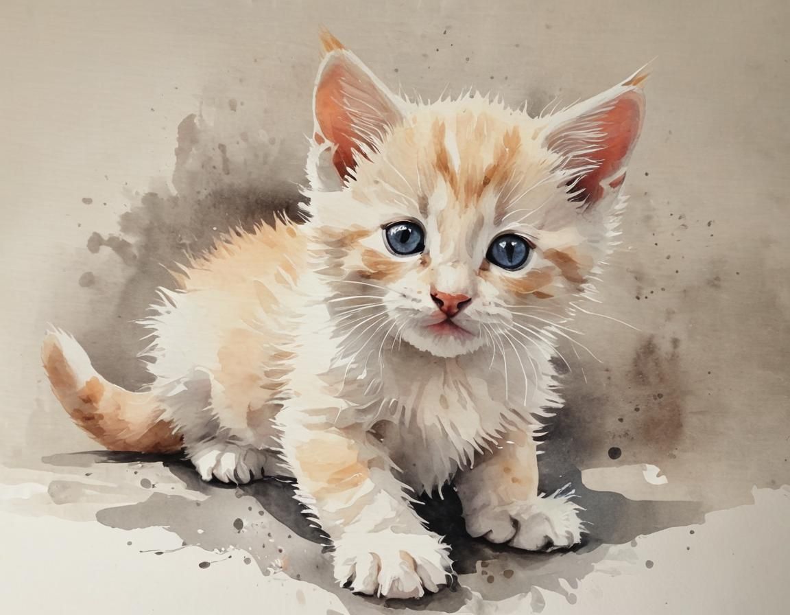 Cute Kitten in Watercolor Style