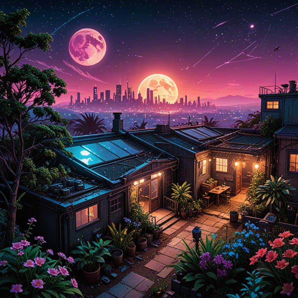 Cyberpunk Steampunk Garden Under Moonlit Stars