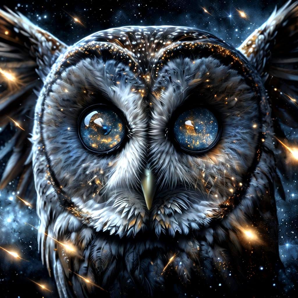 Galactic Owl with Constellation Feathers in Cosmic Flight
