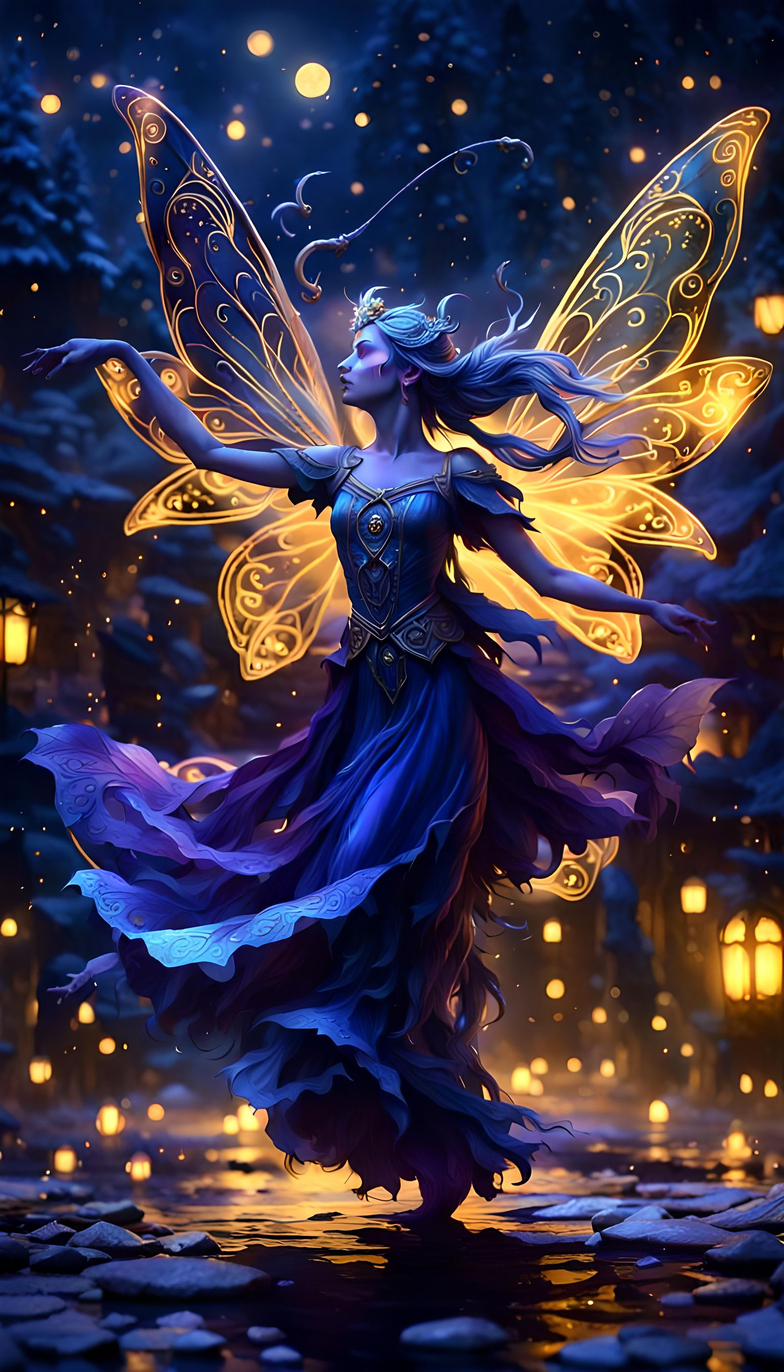 Dark Blue Fairy Dancing in Moonlight, Ethereal Fantasy