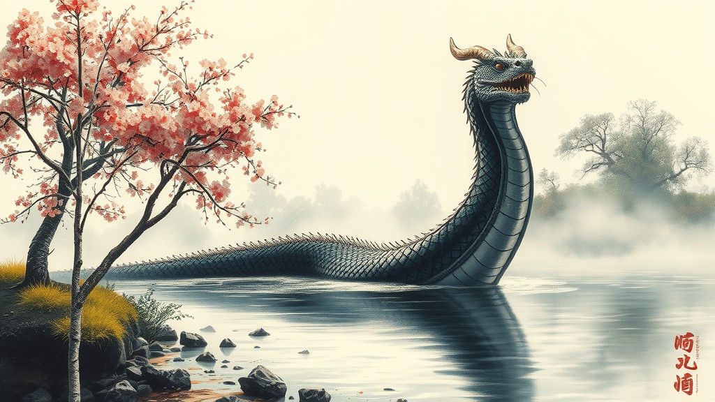 Vintage Sea Serpent Emerges from River