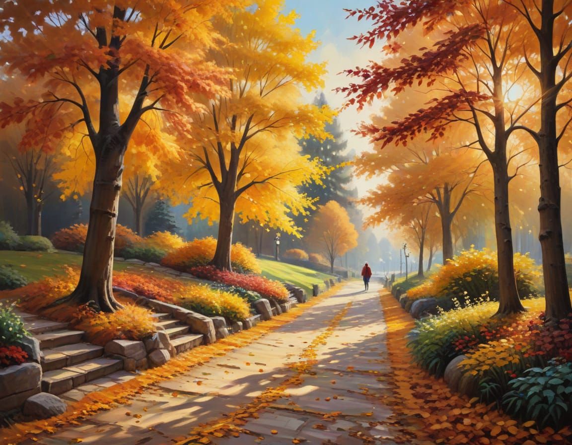 Autumn Garden Walker in Oil Painting Style