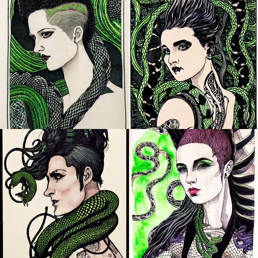 Art Nouveau Portrait of Punk Medusa in Watercolour