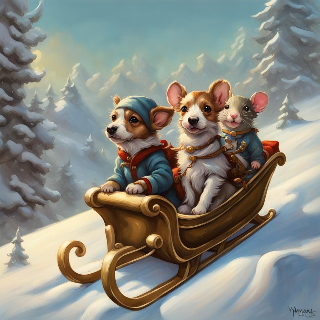 Puppy and Rat's Whimsical Winter Sleigh Ride