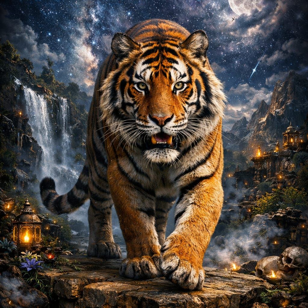 Bengal Tiger Under Starry Sky Digital Matte Painting