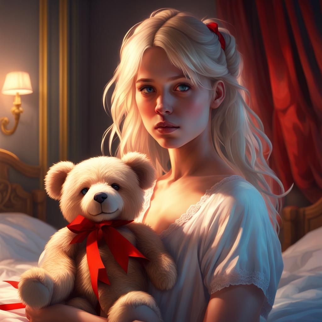 Girl with Teddy Bear Portrait in Art Nouveau Style