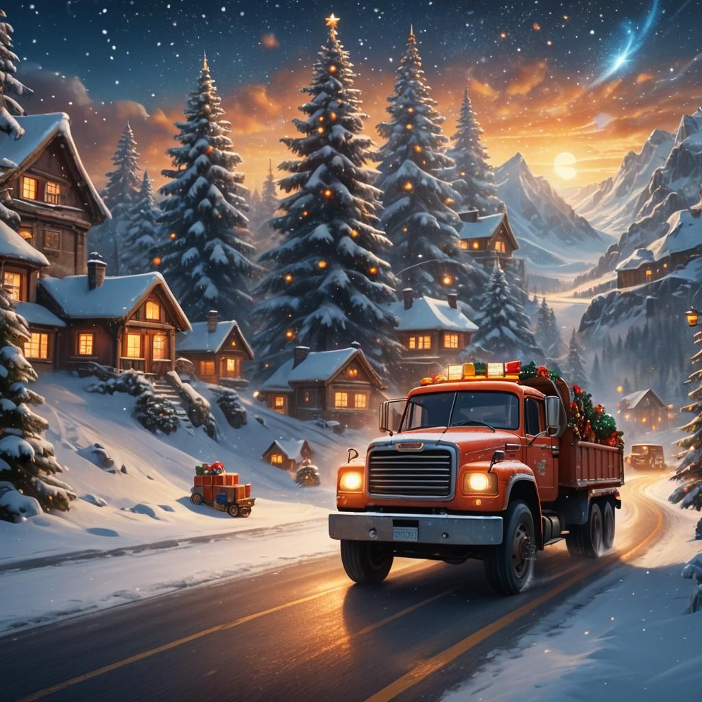 Santa Drives Christmas Truck on Winding Road