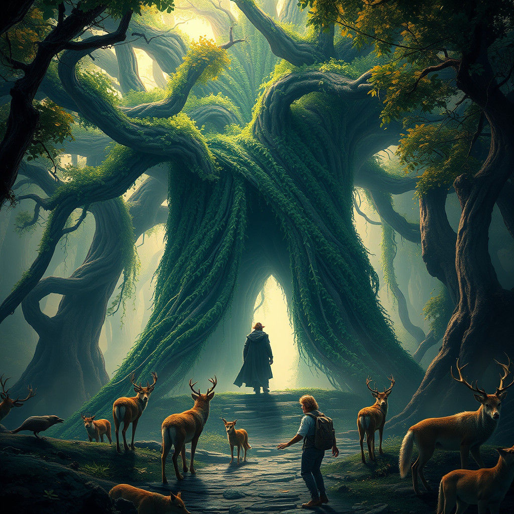 Majestic Cloak of Leaves with Animals in Fantasy Style